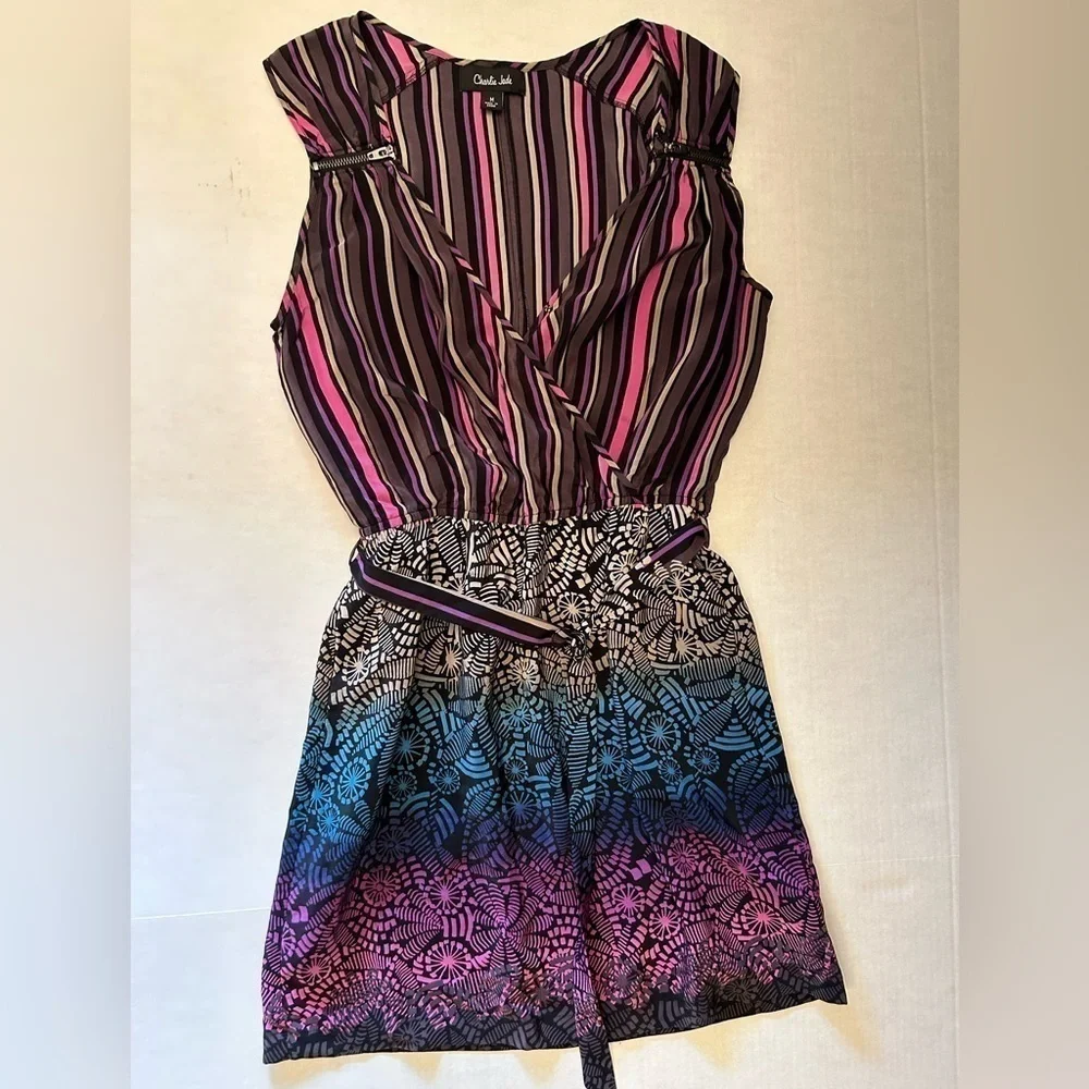 Charlie Jade 100% silk belted, sleeveless ‎ empire dress in multi color Sz M. P4